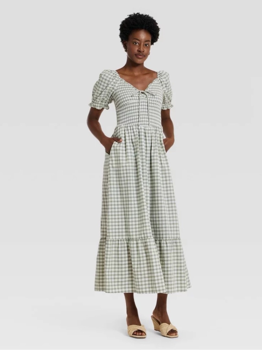 Universal Thread Sage Green Gingham Puff-Sleeve Maxi Dress